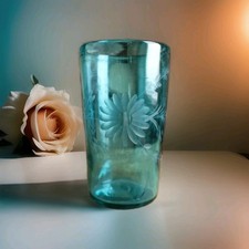 ROSE ANN HALL DESIGNS Blue Etched Flower Hand Blown Glass Water Tumbler picture