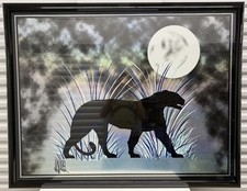 1980s Art Deco Revival Style Panther Mirrored Reverse Glass Painting Laurel Art picture