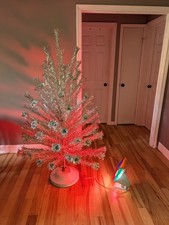 Vintage Evergleam 6ft Aluminum Christmas Tree Pom Pom Color Wheel Rotating Music picture