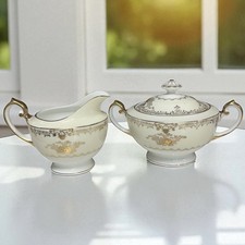 James Japanese China Meito Sugar Bowl Lid Creamer Set Augusta Older Gold Trim picture