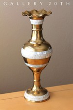 GORGEOUS MCM BRASS SHELL INLAID VASE ORIG ART VTG ATOMIC GOLD 50'S MID CENTURY picture