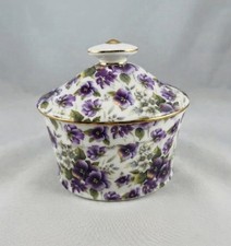 Vintage Style Porcelain Purple Violet Floral Sugar Bowl with Lid Gold Trim picture