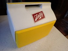1970's Vintage Hand Held Yellow Schlitz Igloo Cooler Nice & not much usage wear picture