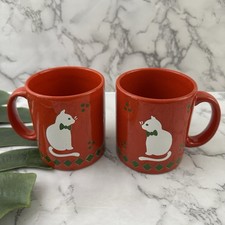 Waechtersbach Vintage Coffee Mug Red Green Cat Christmas Set of 2 Germany Cup picture
