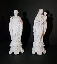 Vintage White Bisque Porcelain Religious Statues Mary Jesus Joseph Pair Figurine picture