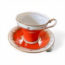 Vintage Aynsley Teacup & Saucer - Persimmon & Gold - Corset Shape - Pattern 2730 picture