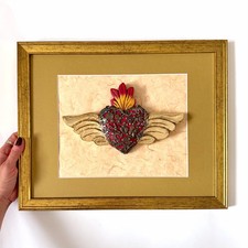 Hojalata Sacred Heart, Colorful Boho Decor, Framed Vintage Alas Red 15.25