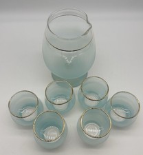 VTG Blendo baby Blue Frosted 1960s Cocktail Pitcher & 6 Roly Poly glasses picture