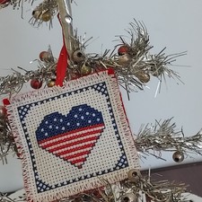 Counted cross stitch patriotic heart ornament, 1993, handmade 3 x 3 USA 250 picture