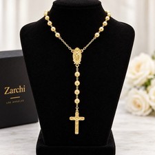 Rosary Necklace 14k Gold Plated 6Mm Beaded Guadalupe& Jesus Cross picture