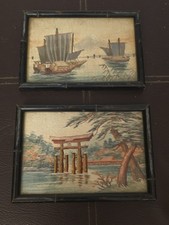 Pair Vtg Japanese Silk Embroidery Art Faux Bamboo Framed Joseph Horne Co Label picture