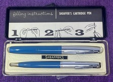 VINTAGE SHEAFFER'S BLUE FOUNTAIN PEN & PENCIL SET with CASE & INSTRUCTIONS picture