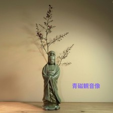 Celadon Ceramic Kannon Statue Japanese Antique Blue Green Color Used picture