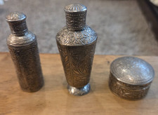 Silver 3 Piece Set 800 Attar Bottles & Trinket Sindur Box Ornate Antique Stamped picture
