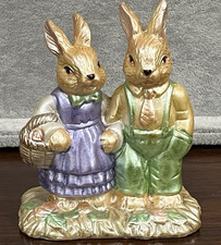 VINTAGE Easter Bunny Figurine Decor Iridescent Pair Basket Ears Ceramic UNIQUE picture