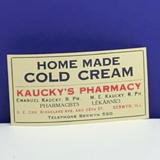 Drug store pharmacy ephemera label advertising Kauckys Berwyn IL Cold Cream vtg picture