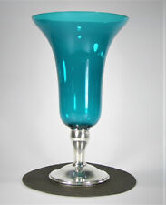 Vintage Gorham Sterling Silver Blue Turquoise Teal Glass Trumpet Vase #3104 picture