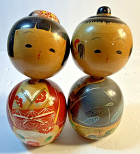 Vintage Japanese Kokeshi Dolls💚Hand Painted 🖤 Wooden ❤️ LOT OF 2 - 7 DAY SALE picture