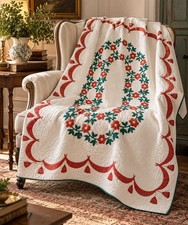 Vintage 1940s Floral Applique Quilt 62.5x82.5 Red Green Scallop Border Handmade picture