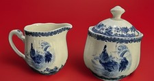 William James Farm Yard Vintage Blue White Rooster Toile Creamer Sugar Bowl Set picture