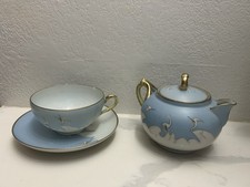 Antique Nippon Porcelain Seven Lucky Cranes Blue Skies Tea Pot Cup & Saucer picture