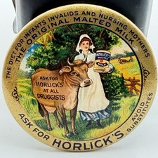 Antique c1910 Horlick’s Malted Milk Advertising Pocket Mirror Cow Drug Store 2” picture