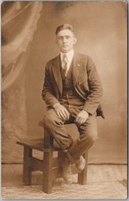 c1910s STUDIO Real Photo RPPC Postcard Attractive Young Man in Suit / Glasses picture
