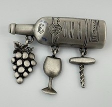 Vintage JJ Pewter Wine Bottle Grapes Corkscrew Cup Charms Brooch Vineyard picture