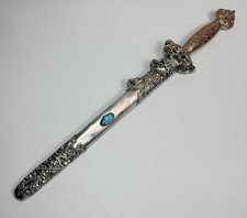 Antique Chinese Tibetan Ceremonial Dragon Sword Hand Chiseled Turquoise 22in picture