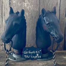 Pair Vintage Cast Iron Horse Head Hitching Post Toppers Bookends Equestrian 18lb picture