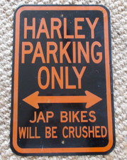 Vtg 1970/80's HARLEY PARKING ONLY /JAP BIKES WILL BE CRUSHED Steel Sign 18X12