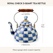 MacKenzie-Childs Royal Check Tea Kettle Blue White Enamel Stovetop picture