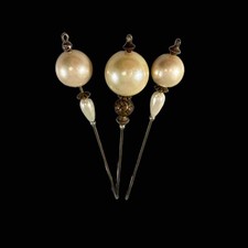 Lot Of 3 Antique Estate Victorian Hat Pins Brass Art Faux Pearls 6 Inches picture