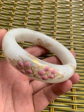 Rare Chinese White HeTian Jade Gilded painted Floral Bangle Bracelet picture