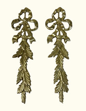 Vintage Pair of Brass French Style Bow & Botanical Plaques 11.5” picture