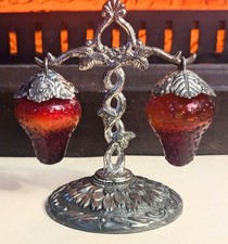 Vintage Red Glass Hanging Strawberry Salt & Pepper Shakers with Stand JAPAN picture
