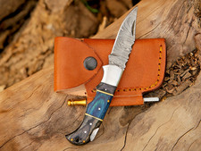 Hand Forged Damascus Pocket Knife Bluewood Handle Folding EDC Knife w/ Sheath picture