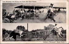 1944 Camp Hood TX Rodeo Toots Mansfield Clyde Burk Steer Roping Postcard picture