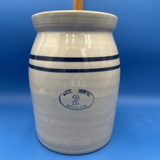 Vtg Marshall Pottery 2 Gallon Pottery Butter Churn/Blue Stripes Dasher & Lid Tx picture