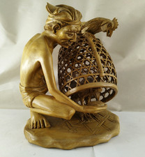 Vtg Bali Hand Carved Wood Balinese Man Feeding Chicken & Rooster on Top of Cage picture
