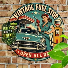 Classic Gas Station Round Metal Sign Retro Garage Service Wall Decor 8x8 picture