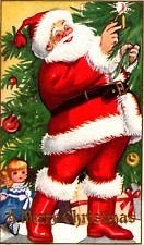 1924 USA Christmas Postcard Jolly Santa Red Boots Light Candles on Tree Embossed picture