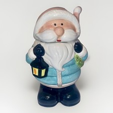 VTG Santa Claus Ceramic Cookie Jar Canister Pink Light Blue Puff Coat 12in picture