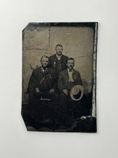 Antique 1800s Tintype Photo 3 Victorian Men Suits Hat Mustaches Group Portrait picture