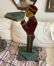 Vintage Art Deco Painted Metal Bellhop Waiter Serving Tray Stand, Green/Red picture