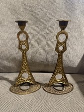 Vintage 1959 Ben Zion Jerusalem Israel Brass Shabbat Candlesticks Pair Signed picture