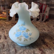 Vintage Fenton Blue Satin Glass Ruffled Vase Hand Painted signed Nancy Rogers 7