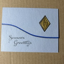 Vintage Seasons Greetings Christmas Card Art Deco Monogram 30s 40s Gold Blue picture