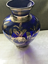 VTG Murano Glass Cobalt Blue Vase with Silver Overlay Cortina Italian Art Glass picture