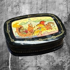 Vintage Mstera Russian Lacquer Trinket Box Hand Painted Troika Scene Black Red picture